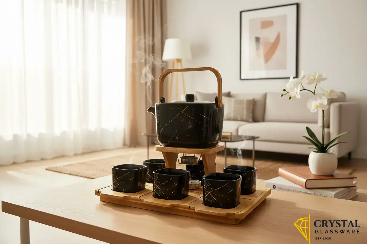 Ceramic teapot set features a black marble pattern with gold detailing, mounted on a wooden stand